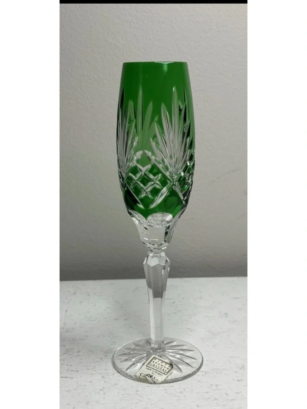 Ajka Crystal Caroline Cut to Clear Emerald Green Champagne Flute